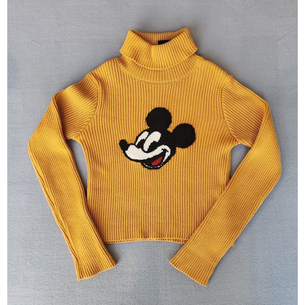 Disney x Forever 21 Mickey Mouse Yellow Crop Ribbed Sweater Turtleneck Sz S